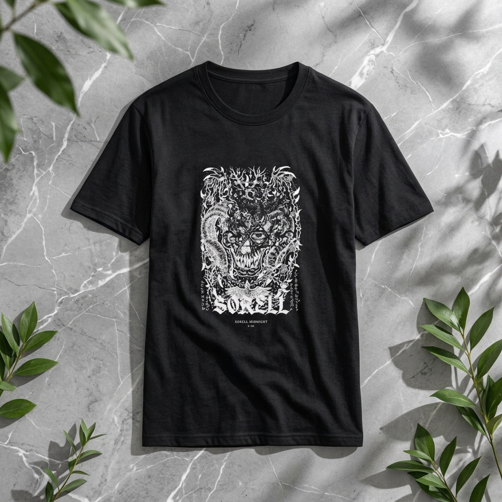Dark Art Graphic T-Shirt — Intricate Monochrome Demon Design